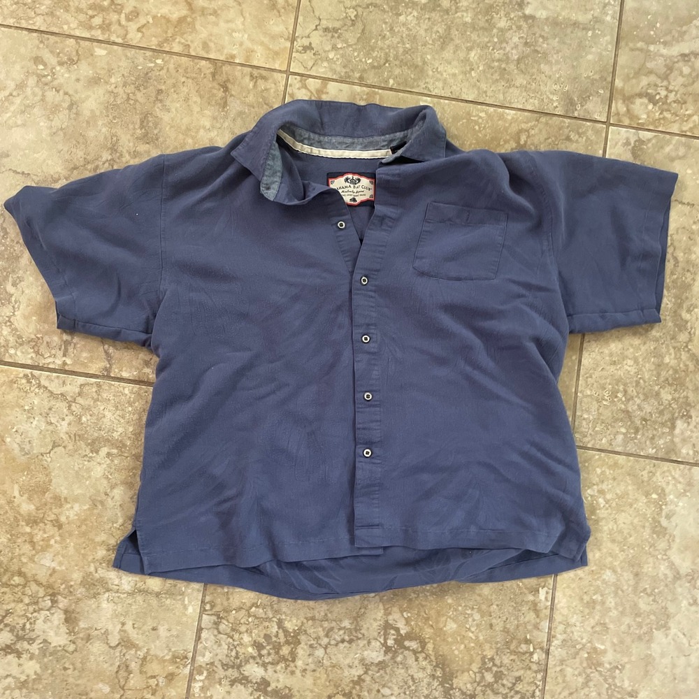 Bahama Bay Club Mens Short Sleeve Button Down Shirt Blue Palm Leaf Jacquard XL